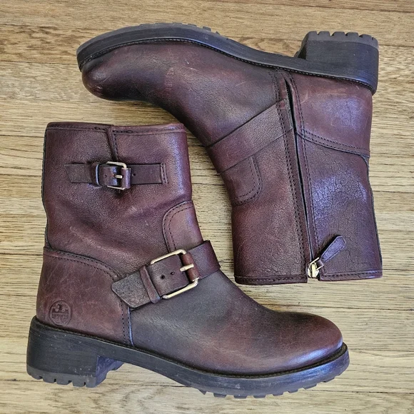 Tory Burch Chrystie genuine leather brown buckle moto boots chunky heel size 8.5 - Picture 3 of 11